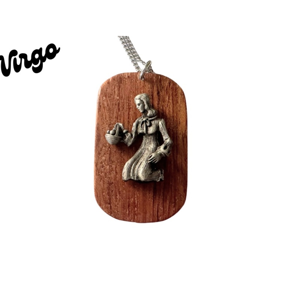 VTG 70s VIRGO Virgin Astrological Sign Wood & Pewter Dog Tag 18” Chain Necklace